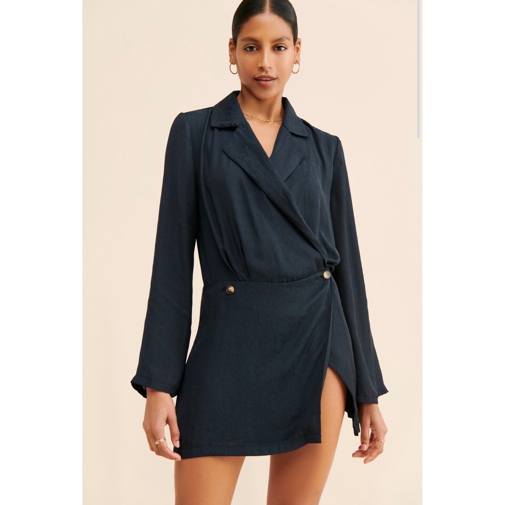 Free People Simone‎ Blazer Mini Dress Navy Blue Wrap Notched Lapel Long Sleeve - Picture 5 of 8